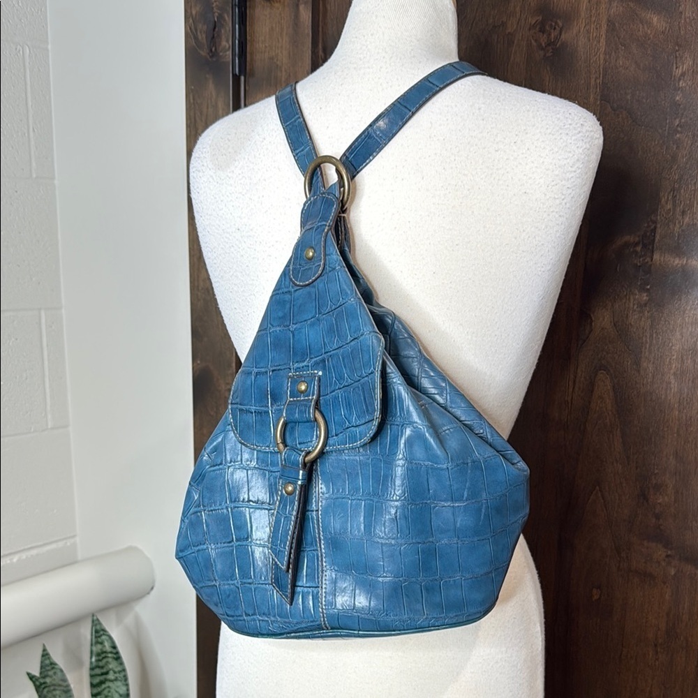 Nine West Blue Textured Women's Backpack blue alligator pattern w cheetah lining